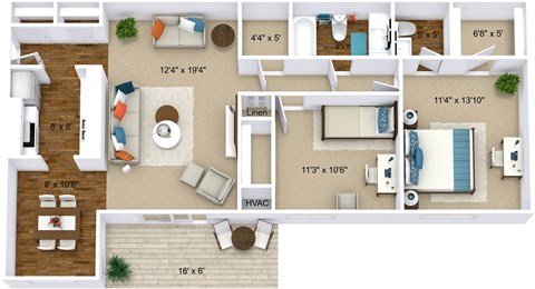 Floor plan for 2 beds, 1.5 baths, 1012 sqft